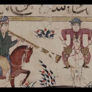 Enluminure, écriture arabe, cavalier, cheval