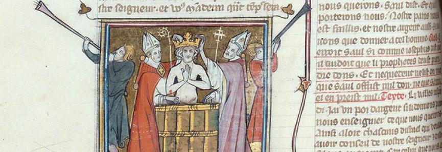 Onction de Saül. Bible historiale, Paris, vers 1330. Troyes, Médiathèque Jacques-Chirac, ms. 59, f. 153v Enluminure, personnages, trompettes