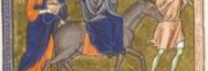 Fuite en Égypte. Psautier d’Ingeburge, Noyon ou Soissons, vers 1215-1218. Chantilly, musée Condé, ms. 9, fol. 18v