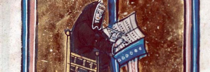 Gautier de Coinci écrivant, Besançon, BM, 551, f. 82 Enluminure, srcibe, livre