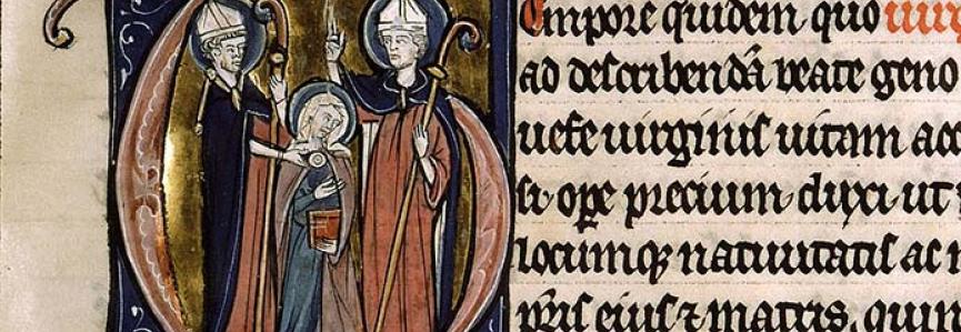 Saint Germain d'Auxerre remettant une médaille à sainte Geneviève, Paris, Bibl. Sainte-Geneviève, 1283, f. 4 Initiale manuscrit