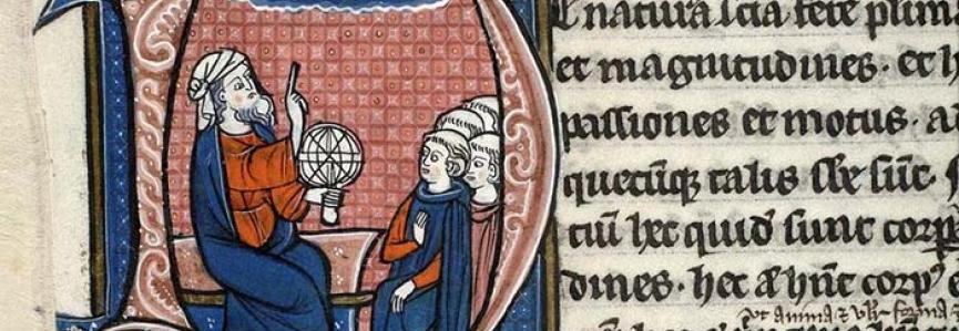 Aristote enseignant l'astronomie. Paris, Mazarine, 3458, f. 62v Enluminure, personnages, globe