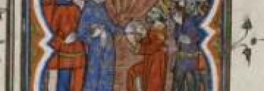 Négociation de paix avec al-Mustansir. Grandes Chroniques de France, Paris, vers 1370. Paris, BNF, fr. 10135, f. 353v