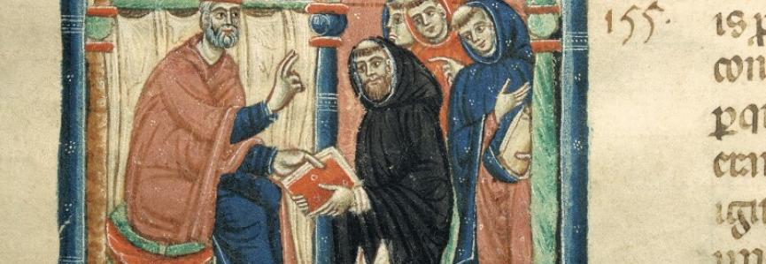 Raymond de Peñafort remettant son ouvrage à Grégoire IX.  Avranches, BM, 150, f. 5 